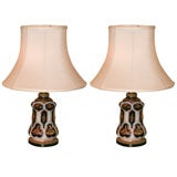 Antique Pair French glass cobalt and gold oil lamps as table lamps