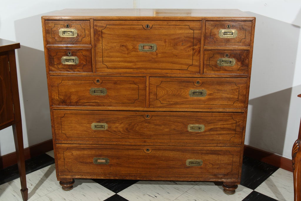 Solid camphor wood Campaign chest in two parts and resting on turned feet. Sturdy construction with deep dovetailing and inset, flush mounted brass pulls. Ebonized stringing decorates each drawer front. Prized for its moth-repellant qualities,