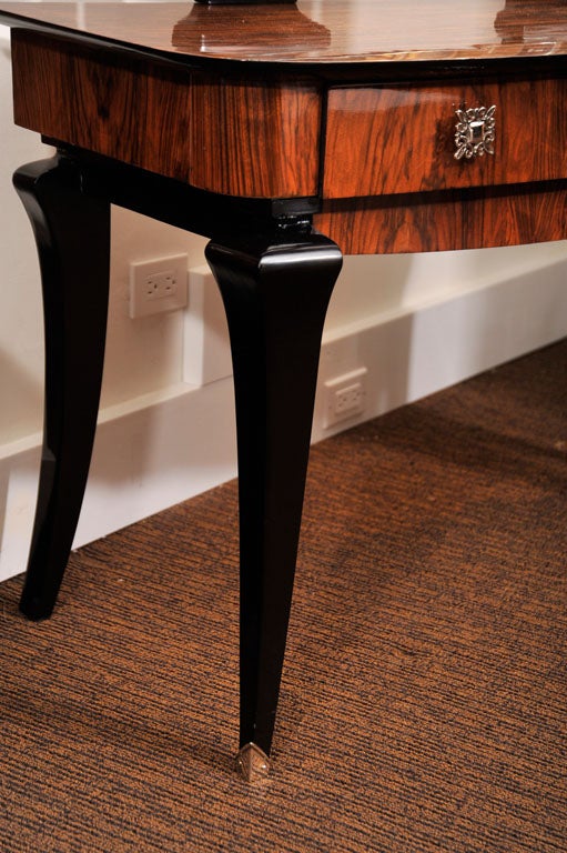 French Art Deco walnut and black lacquer dressing table; original nickel plated hardware, 3 mirrors, 2 that open and close.