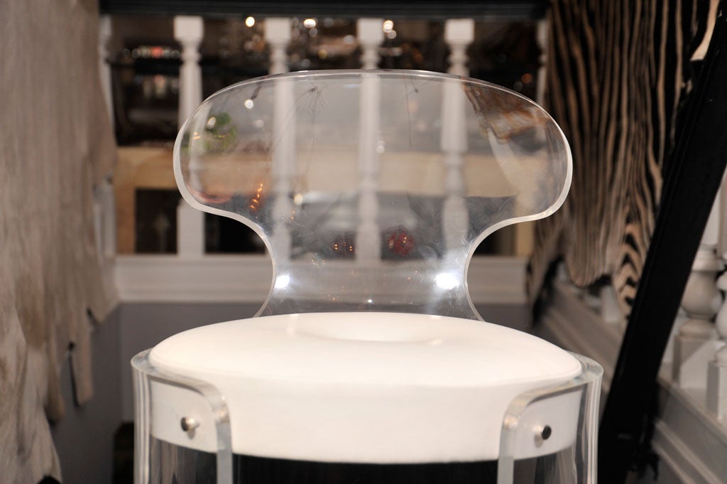 LUCITE STOOL WITH BACK AND WHITE LEATHER SEAT