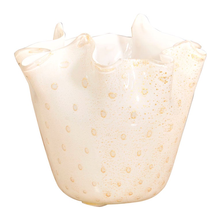 WHITE AND GOLD BUBBLES HANDKERCHIEF MURANO BOWL