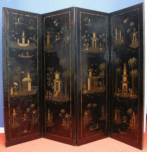 Gilt 18th Century English Chinese Style Painted Leather Screen