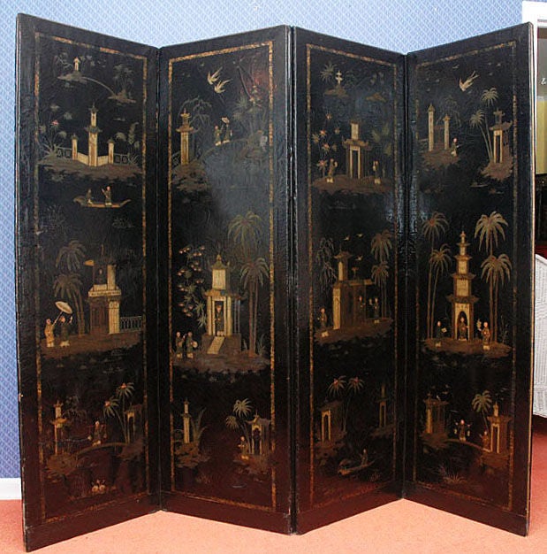 18th Century and Earlier 18th Century English Chinese Style Painted Leather Screen