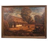 Signed Hungarian oil painting on canvas of a farm yard.