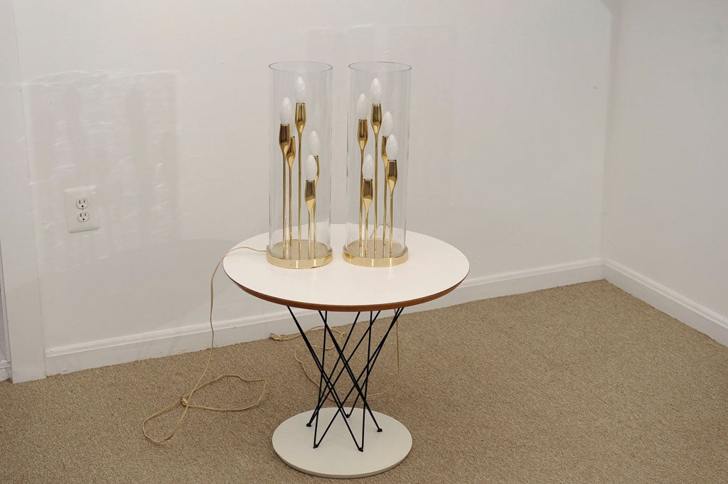 Pair of 50’s Italian  brass hurricane lamps & hand blown shades