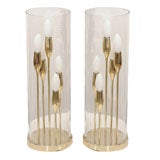 Vintage Pair of 50’s Italian  brass hurricane lamps & hand blown shades