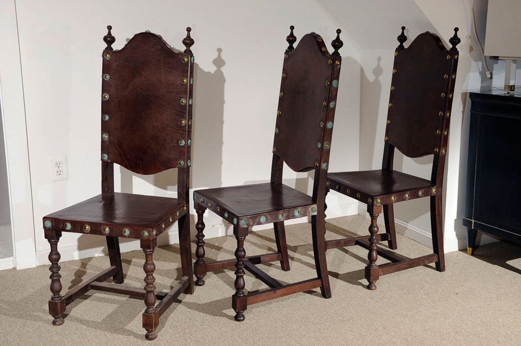 Set of 8 Spanish leather and walnut high back chairs at 1stDibs