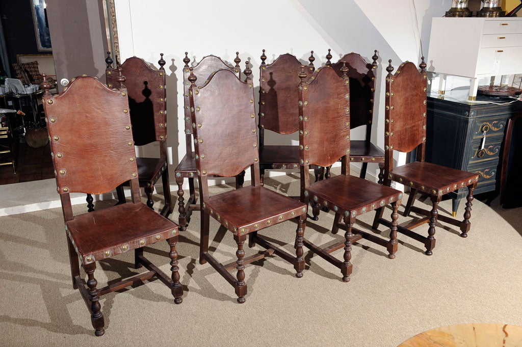 Set of 8 Spanish leather and walnut high back chairs at 1stDibs