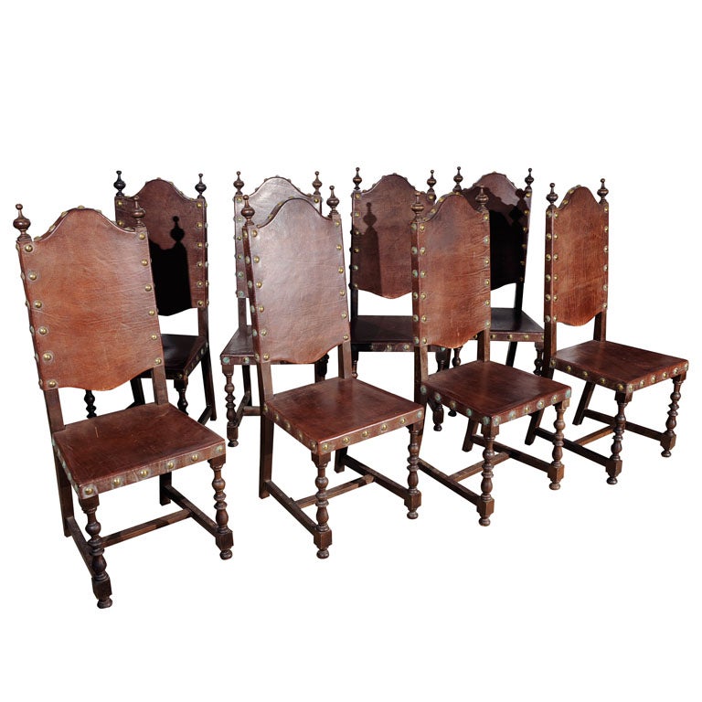 Set of 8 Spanish leather and walnut high back chairs at 1stDibs