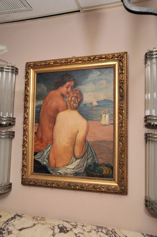 Emile Bernard (French, 1868-1941).

“Nus de Dos” (Nudes from the Back), a large, circa 1903, oil on canvas, signed lower left, depicting in gros plan two female bathers sitted in conversation on the river banks. 

Measures: 45” x 37” (framed).