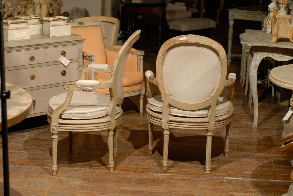 Exquisite Pair of French Oval Back Painted Wood Upholstered Bergeres Chairs 2