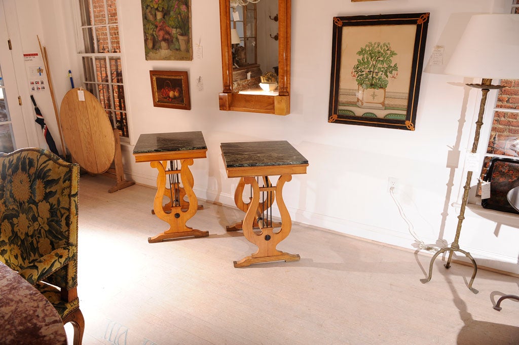 Pair of End/Side Tables with Lyre Decoration, and Green Marble