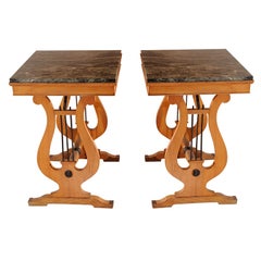 Pair of  End/Side Tables with Lyre Decoration, and Green Marble