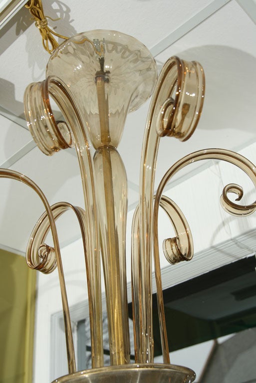 Mid-20th Century Large & Dramatic Amber Glass Venetian Chandelier For Sale