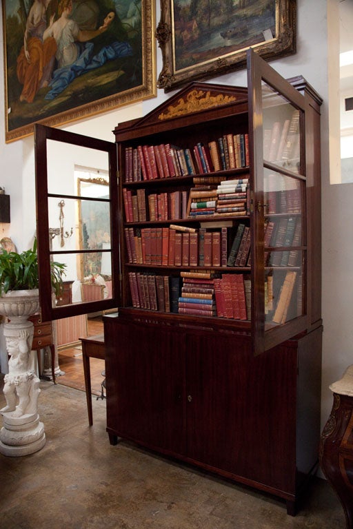 Mahogany Biedermeier bookcase on top of a two solid doors cabinet