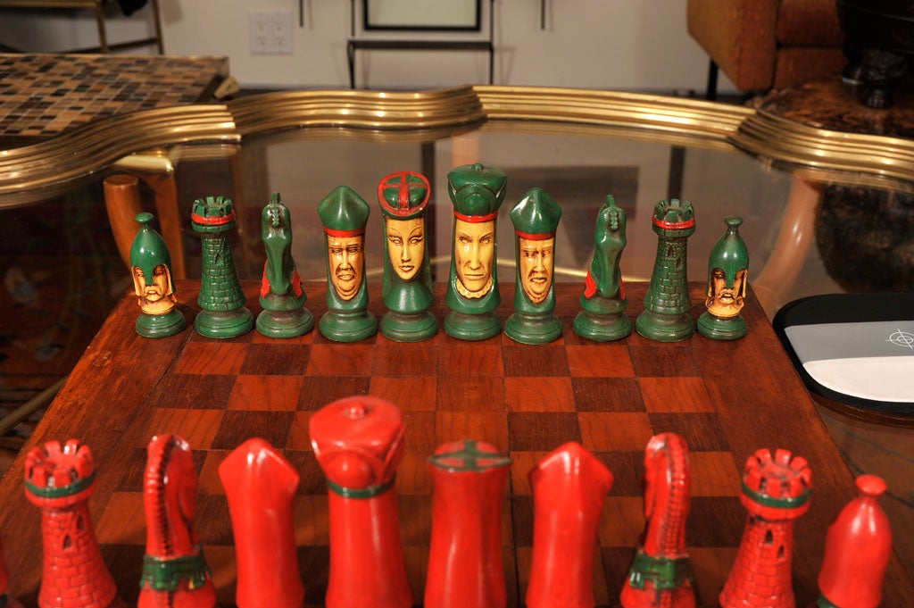 Scandinavian Painted Plaster Chess Set and Board 5