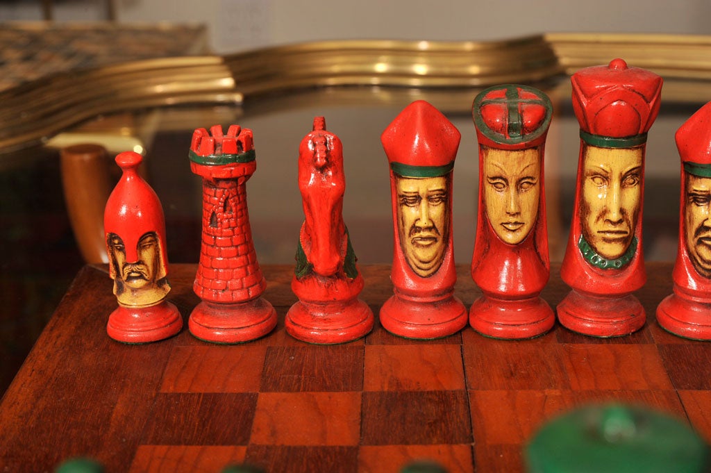 Scandinavian Painted Plaster Chess Set and Board 4