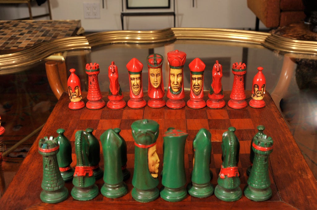Mid-20th Century Scandinavian Painted Plaster Chess Set and Board
