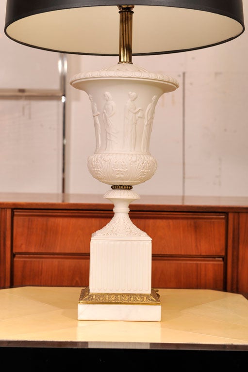 Decorative Paul Hanson lamps with a classical motif and brass details. Located in LV2, 113 Stanton Street, 212-358-8000.