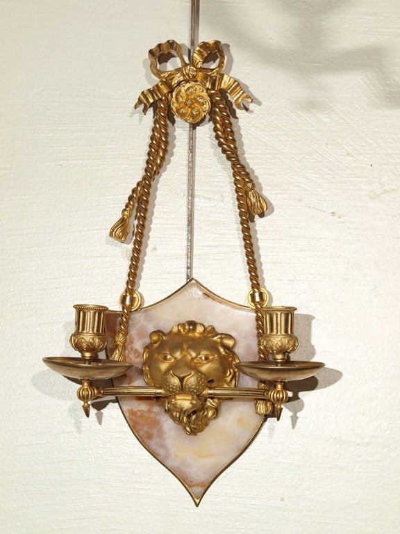 Pair of French Empire Style  Marble and Bronze Dore Sconces