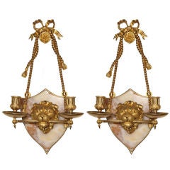 Pair of French Empire Style  Marble and Bronze Dore Sconces