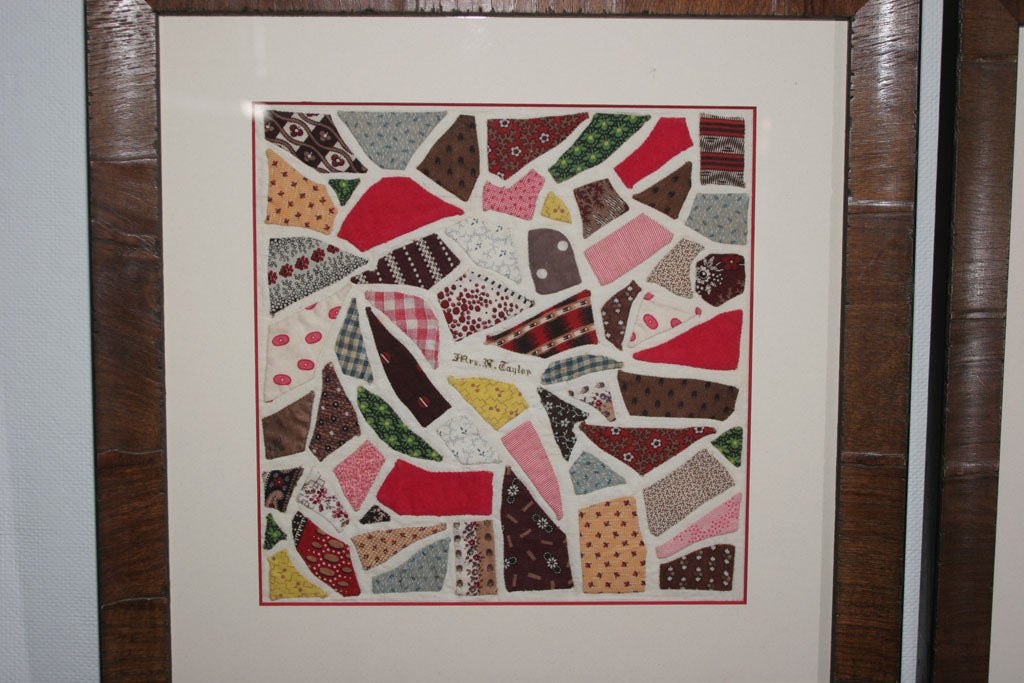 American Pair of Framed Antique Applique Crazy Quilt Album Blocks