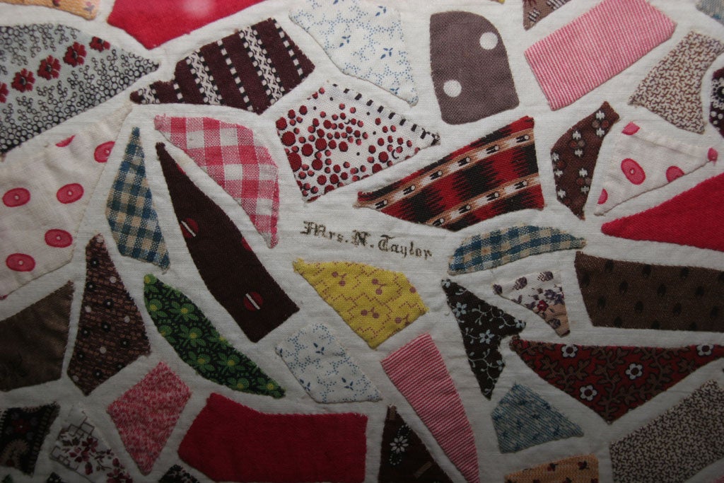 Cotton Pair of Framed Antique Applique Crazy Quilt Album Blocks