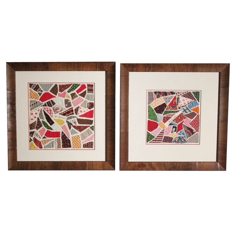Pair of Framed Antique Applique Crazy Quilt Album Blocks