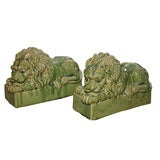 Vintage Wonderful Pair of Lime-Glazed Terracotta Recumbent Lions