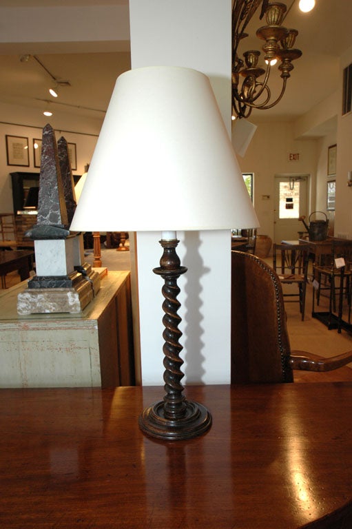 Pair of 19th Century English Oak Barley Twist Candlestick Lamps