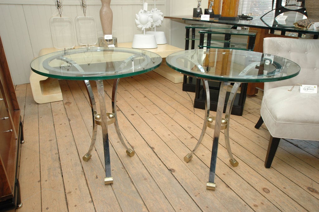 Pair of Chrome and Brass Round Glass Top End Tables
