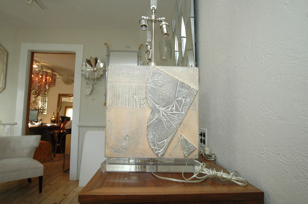 20th Century Pair of Carved Stone Table Lamps w/Faux Fossil Elements and Lucite Base For Sale