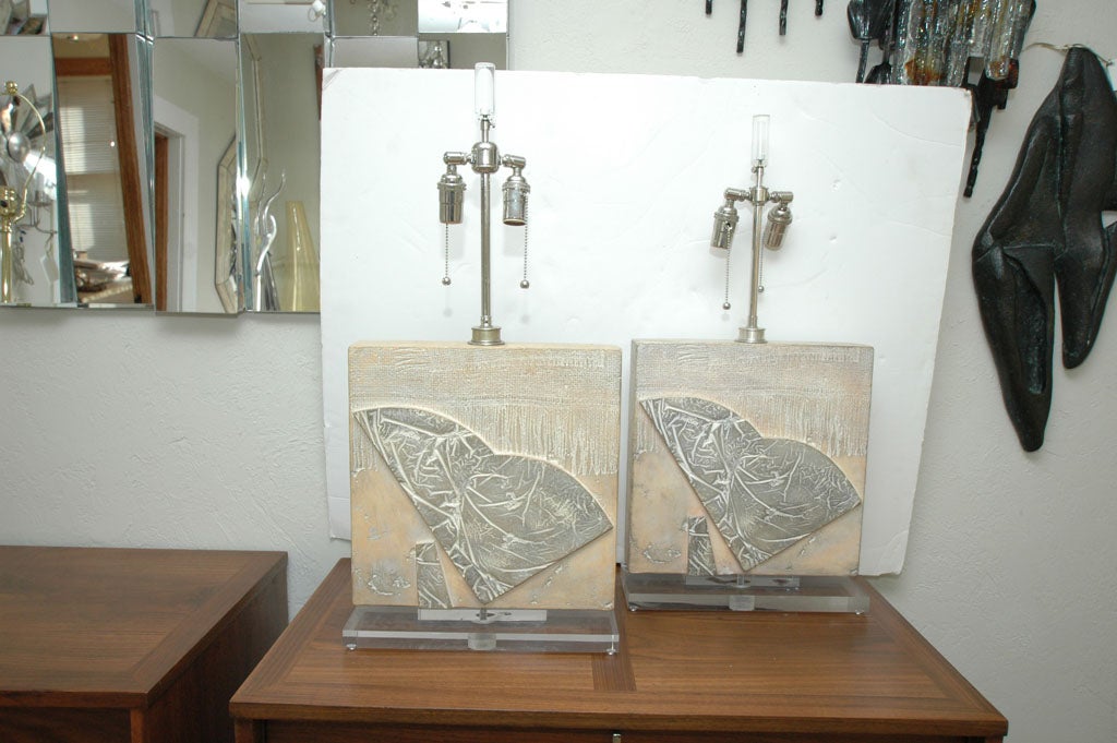 Pair of Carved Stone Table Lamps with Faux Fossil Elements and Lucite Base