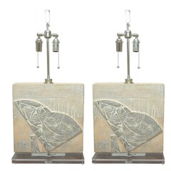 Pair of Carved Stone Table Lamps w/Faux Fossil Elements and Lucite Base