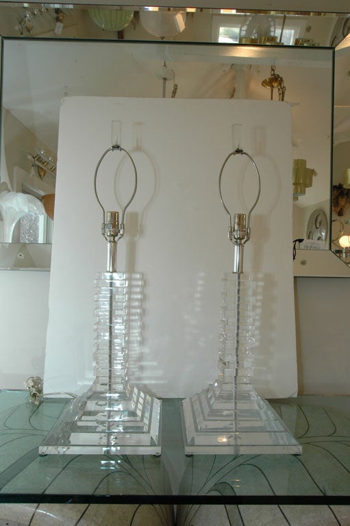 American Pair of Lucite Stacked Block Lamps For Sale