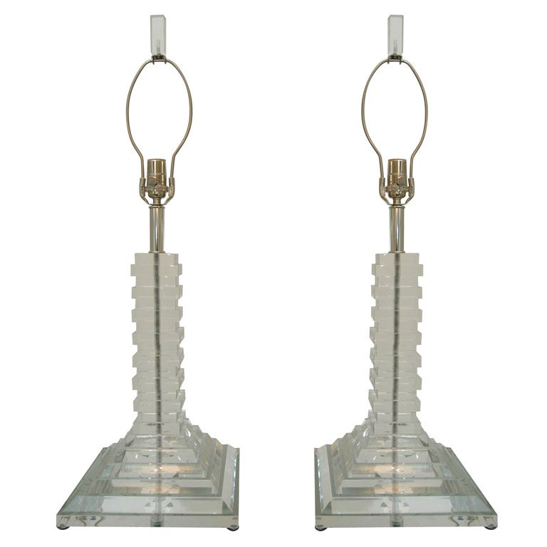 Pair of Lucite Stacked Block Lamps For Sale