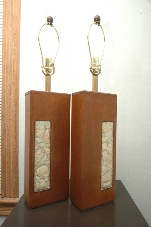 Danish Pair of Wood Lamps with Inset Mosiac Panel
