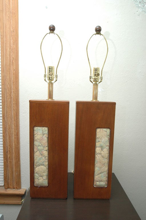 Pair of Wood Lamps with Inset Mosiac Panel In Excellent Condition In Bridgehampton, NY