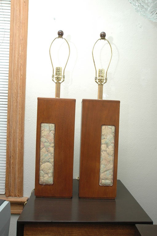 20th Century Pair of Wood Lamps with Inset Mosiac Panel
