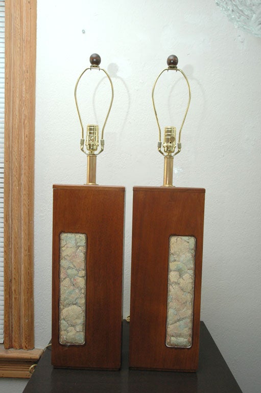 Mid-Century Modern Pair of Wood Lamps with Inset Mosiac Panel