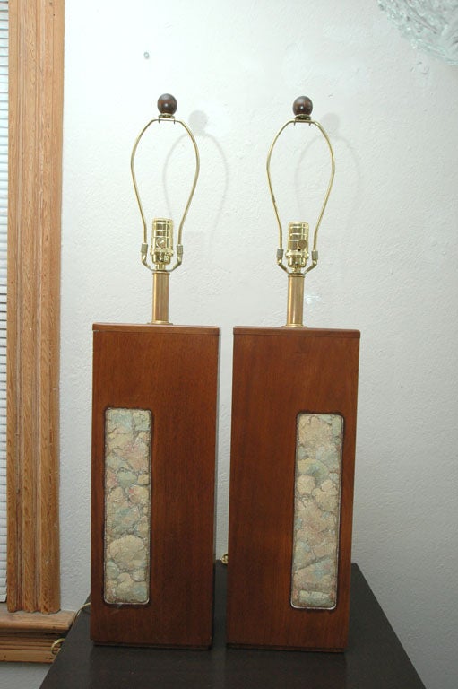 Pair of Wood Lamps with Inset Mosiac Panel