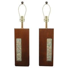 Vintage Pair of Wood Lamps with Inset Mosiac Panel