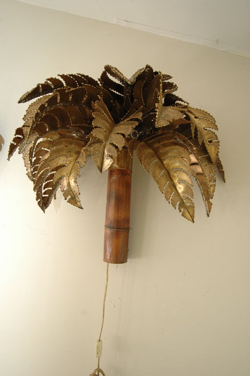 Pair of Brass and Bamboo Palm Tree Sconces