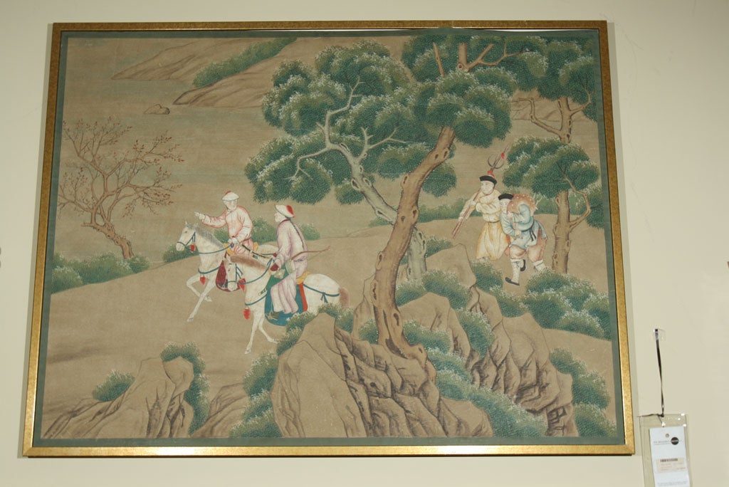 GOLD LEAF FRAME WITH GREEN INNER MAT - HAND PAINTED HUNT SCENE- TAUPE BACKGROUND- PAINTED ON MULBERRY PAPER- BY GRACIE & SON KPC2/35-4