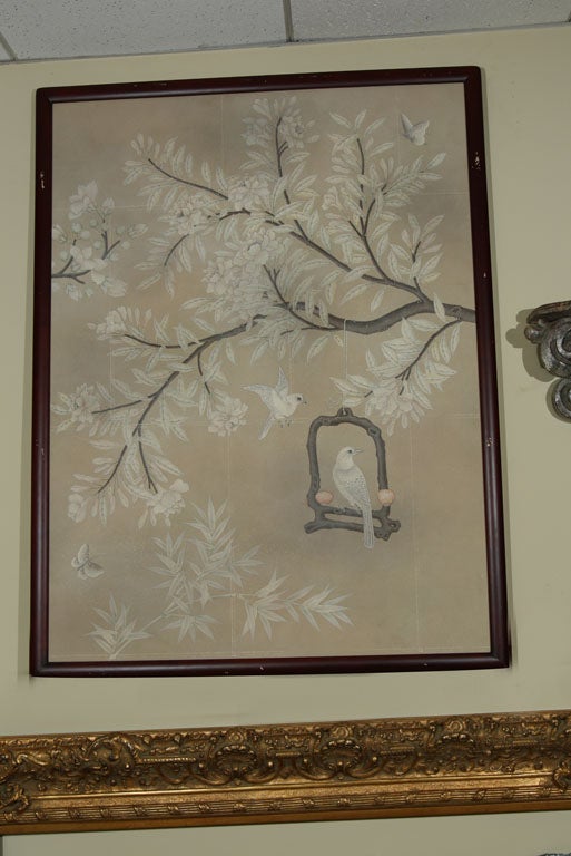 MAHOGANY FRAMED MULBERRY PAPER- TAUPE COLOR  HAND PAINTED  BRANCHES, FLOWERS, BIRD ON SWING- BACKGROUND PAPER IN SQUARES   -  SY223/KPC 14.2