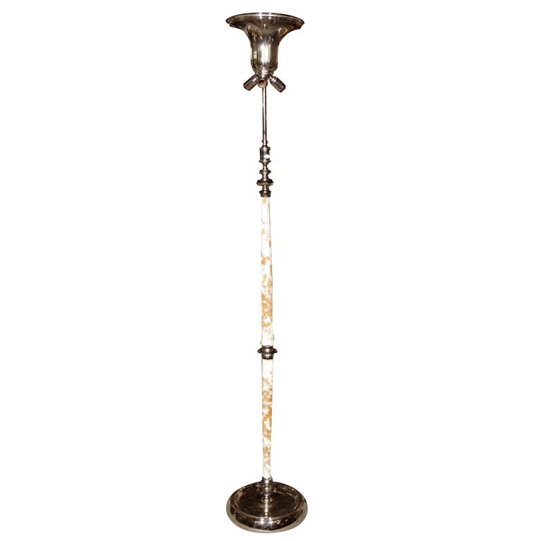 Stehlampe aus Chrom und Rindsleder im Art-déco-Stil mit Chromschirm