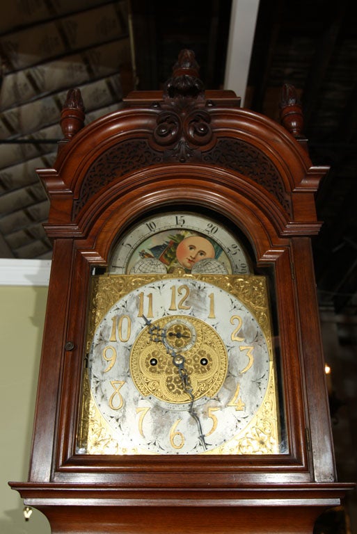 A spectacular grandfather clock in solid mahogany case from a Pennsylvania estate, by Tiffany Co. NY.