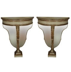 Pair Maison Jansen Polychrome Parcel Gilt Demilune Console Tables Fine Detail