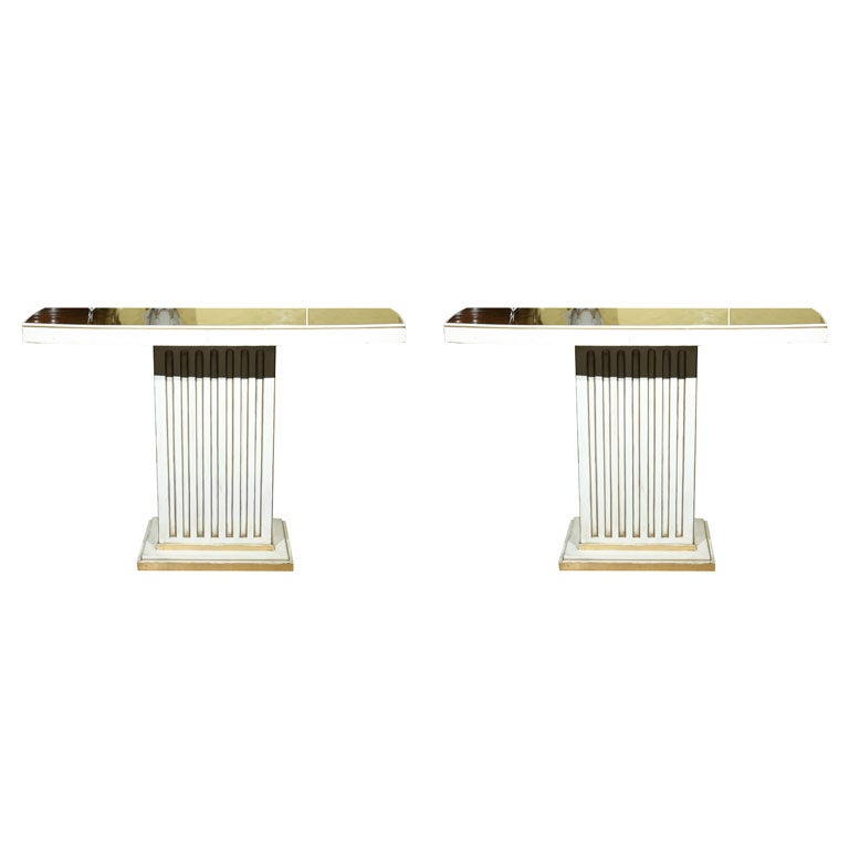Maison Jansen, Console Tables, White Painted Wood, Eglomise Green Mirror, 1950 For Sale