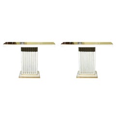 Maison Jansen, Console Tables, White Painted Wood, Eglomise Green Mirror, 1950